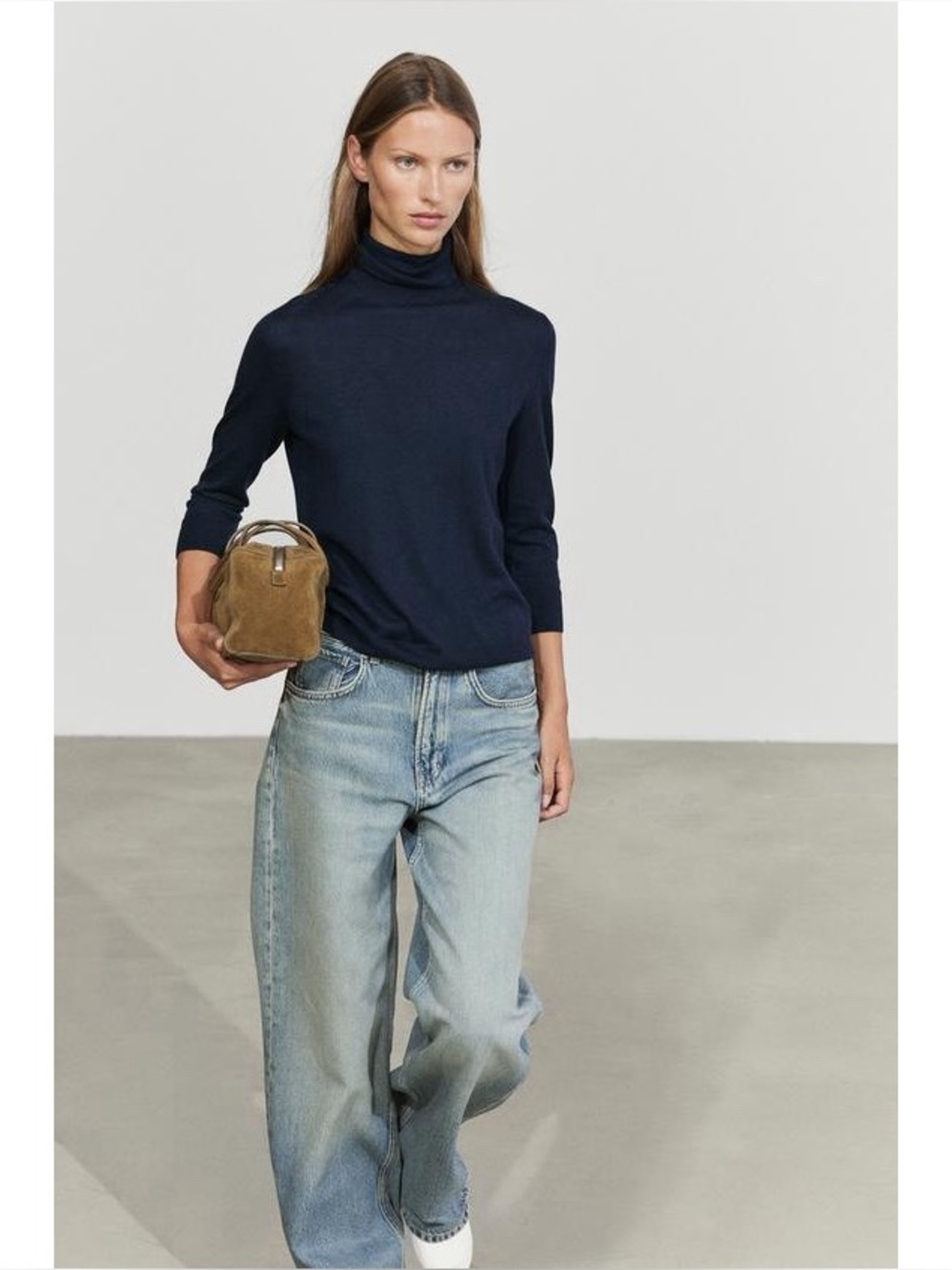 Zara Knit Women's Wool Blend Turtleneck Sweater Small Navy Layering Lightweight